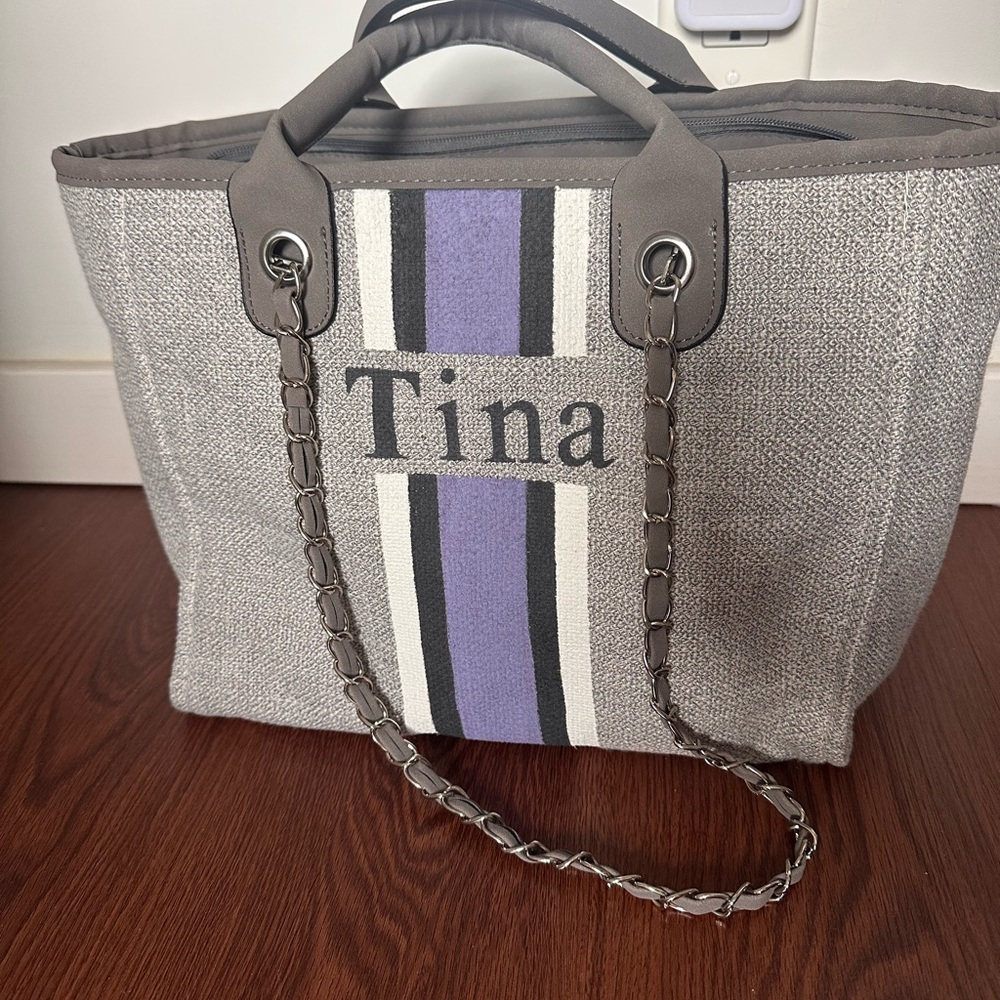 Gray and Purple Tote Bag.Personalized (Tina) brand new. Brand Lily & Bean London